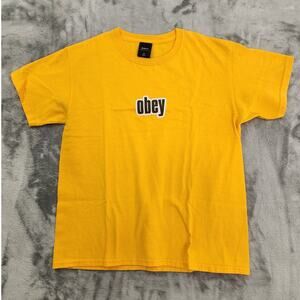 Vintage OBEY Top Womens M Mustard Yellow‎ Boxy Crop Logo Graphic Tee Casual